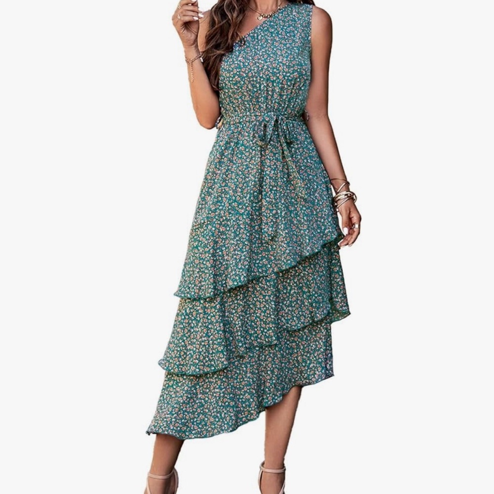 Floral Green One Shoulder Dress